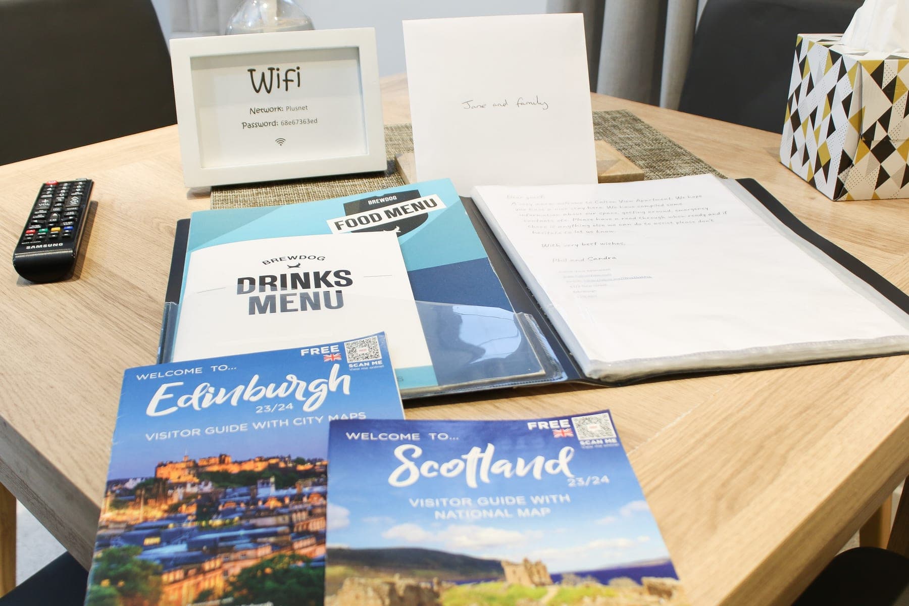 Guest welcome pack at Calton View